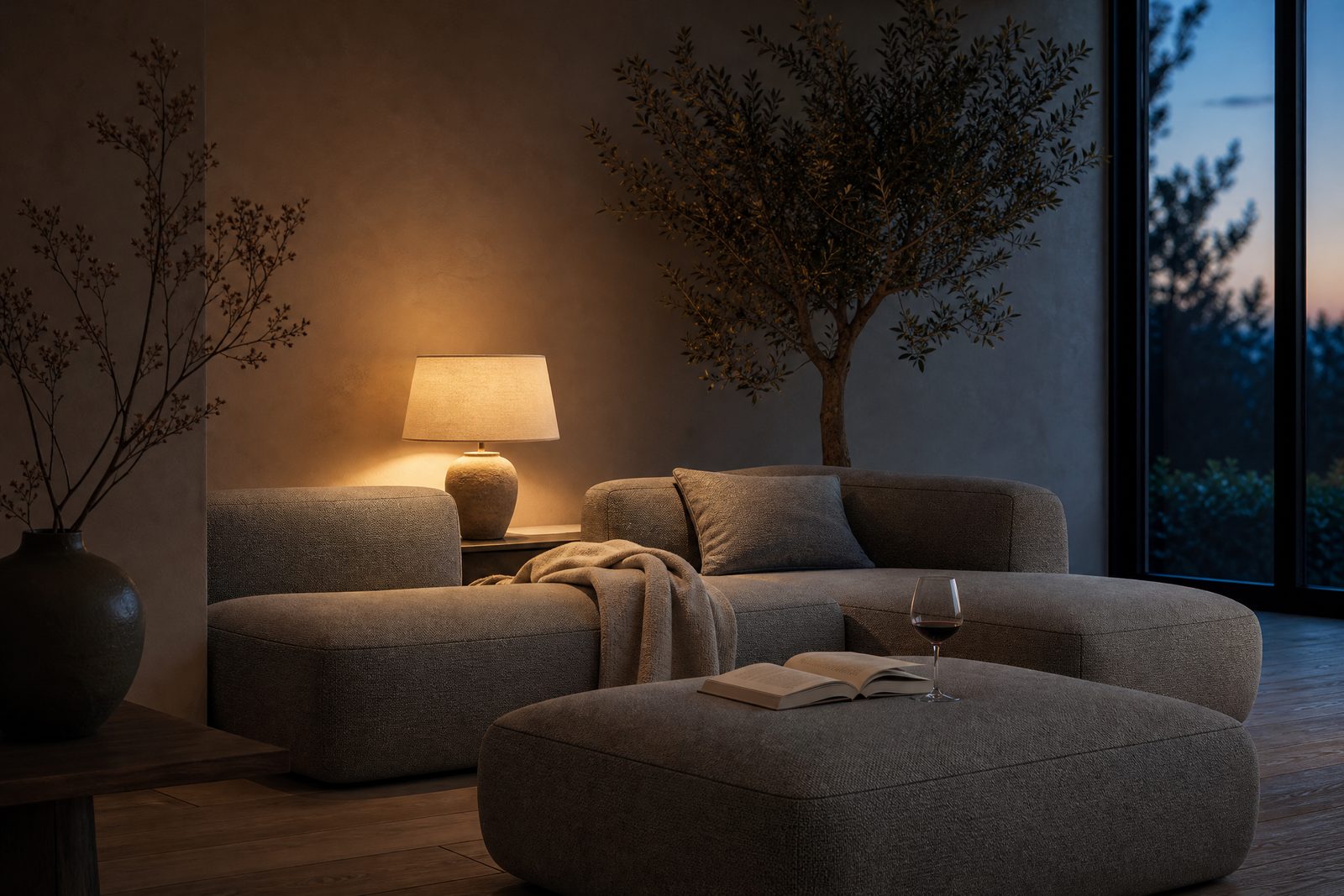 A softly lit living room at night with a low sofa and an open book