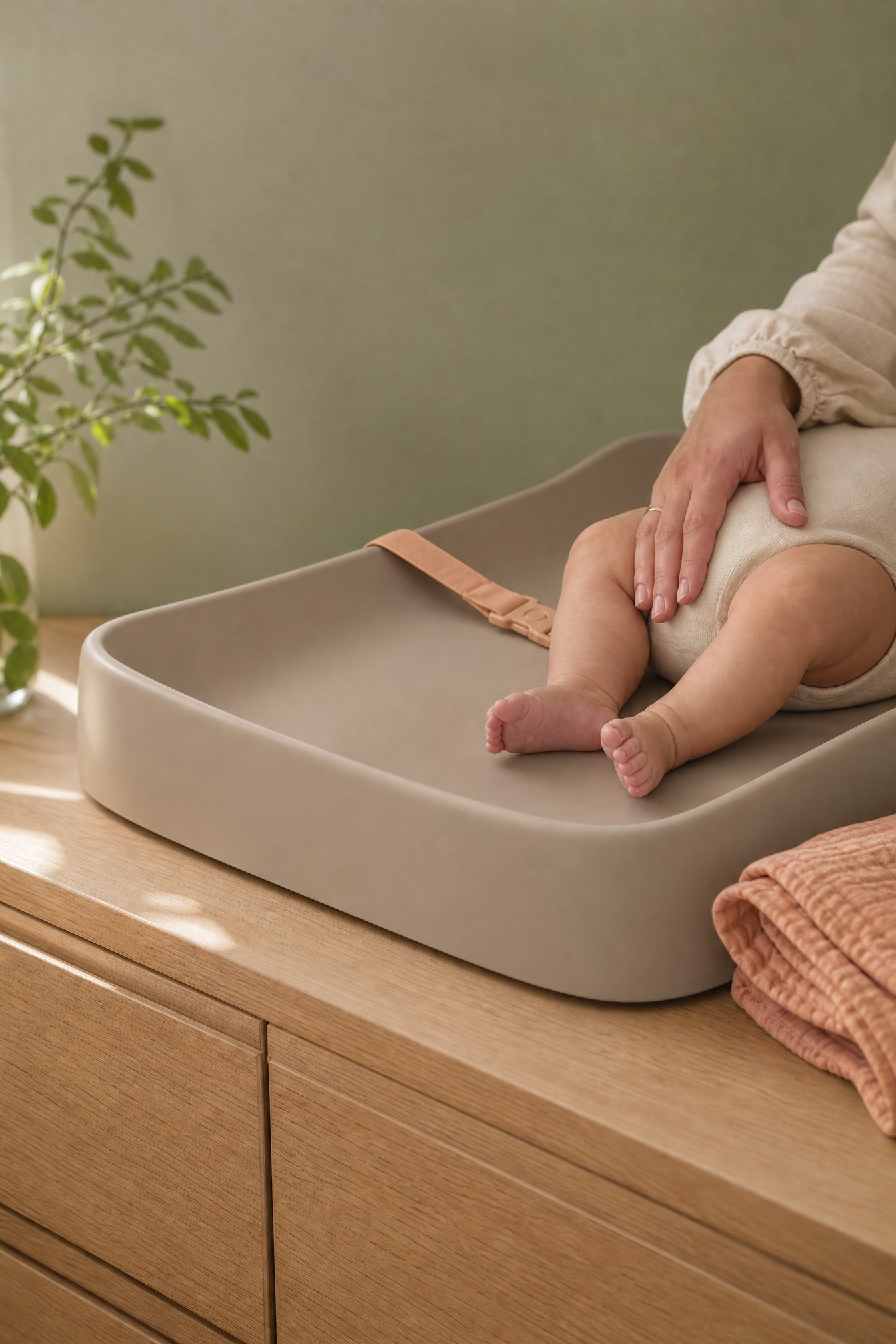 A baby's feet on a soft changing pad, a parent's hand nearby