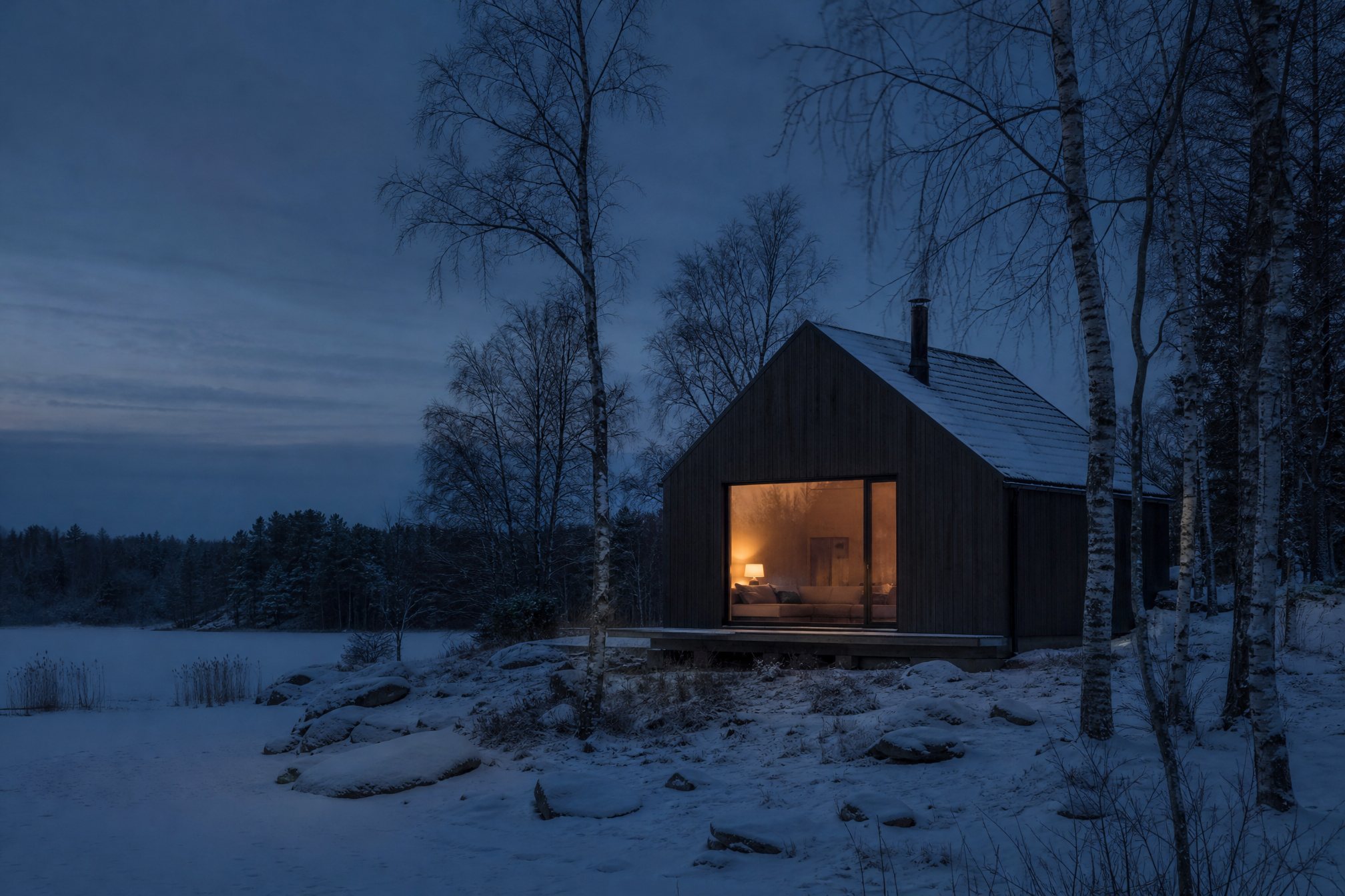 A small timber house by a frozen lake at dusk, one window glowing warm