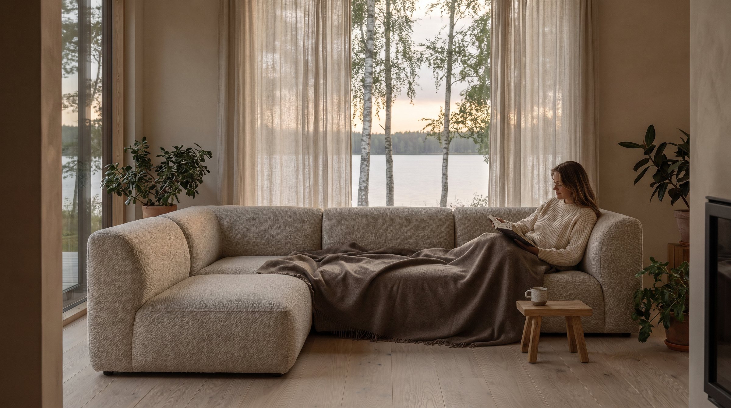 A low, soft sofa by a window looking out to birch trees and a lake, a woman reading under a throw
