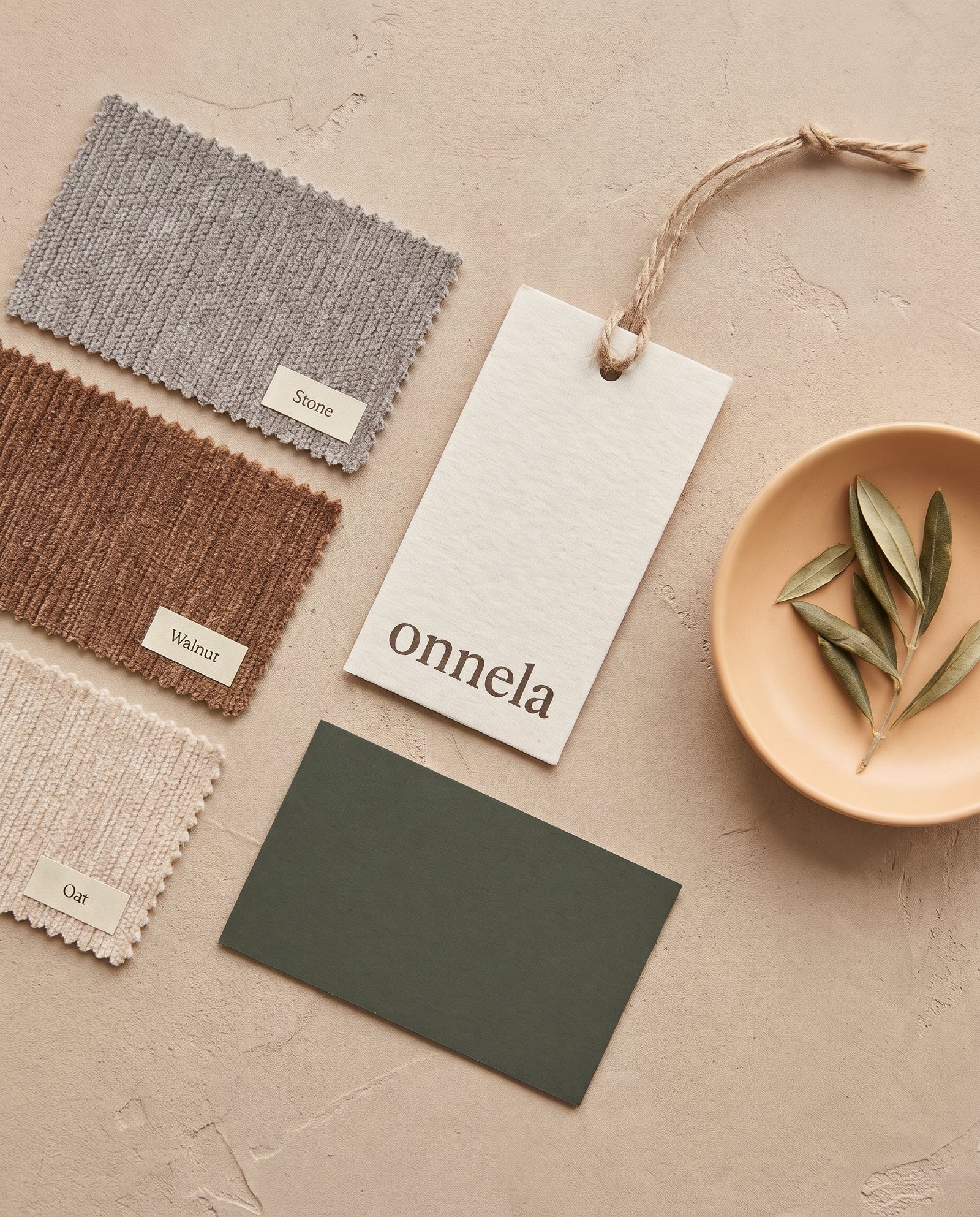 Fabric swatches in stone, walnut and oat with an onnela hang tag and a green card